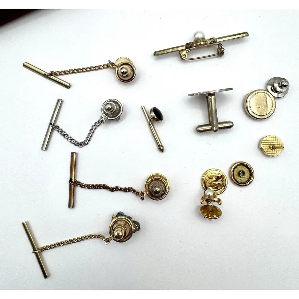 Lot of Vintage Tie Tacks Pins Jade Buddah Gold Tone Roman Coin Amethyst Pearl